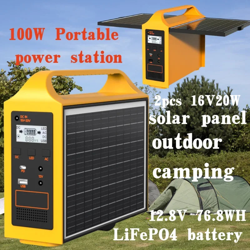 100W Portable Power Station AD/DC 110V/220V Solar Power Station with 2PCS 16V20W Solar Panel for Outdoor Camping Power Bank