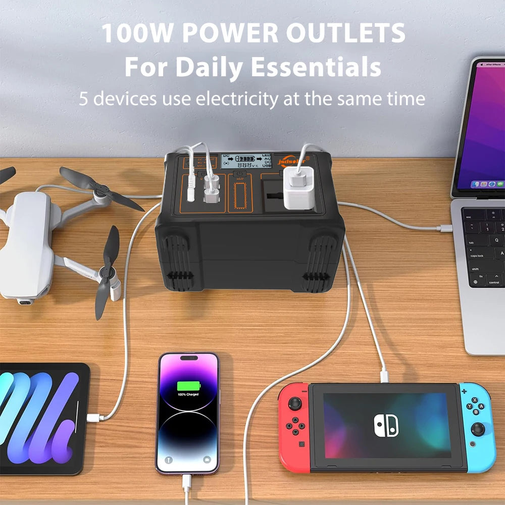 100W Portable Power Station 220V/110V Solar Generator Outdoor Emergency Mobile Power Bank 24000Mah Lifepo4 for Camping Power LED